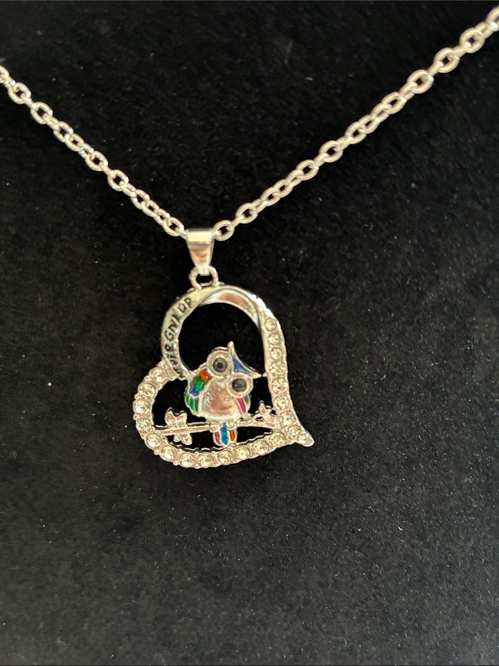 Silver Heart Owl Pendant Necklace with Multicolor Enamel